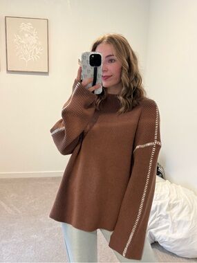 Small PrettyGarden Brown Mockneck Ribbed Sweater with Contrast Stitching